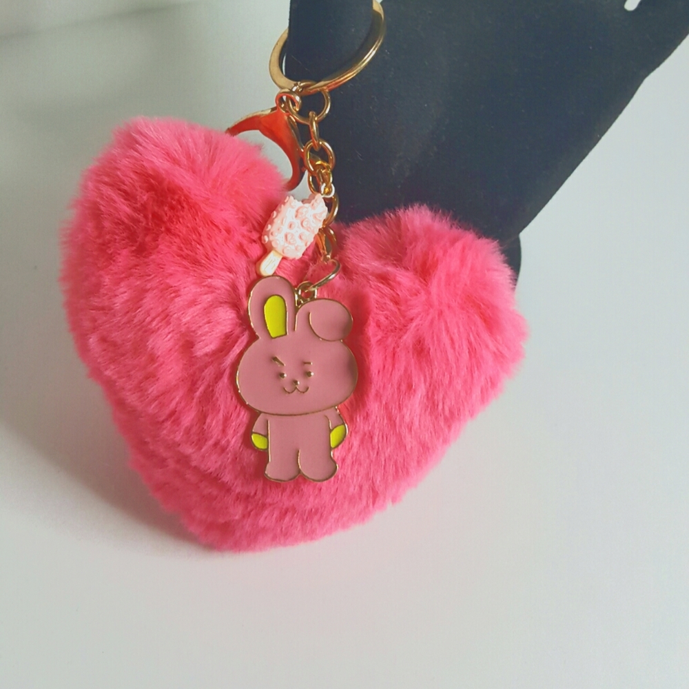 Big Fluffy Pink Heart Kookie Theme Keychain